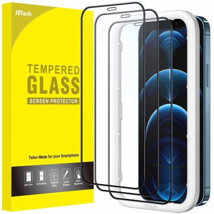 JETech Full Coverage Screen Protector for iPhone 12 Pro Max 6.7-Inch, Black Edge Tempered Glass Film with Easy Installation Tool, Case-Friendly, HD Clear, 3-Pack