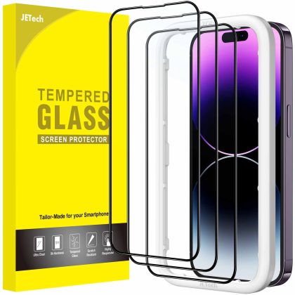 JETech Full Coverage Screen Protector for iPhone 14 Pro Max 6.7-Inch, Black Edge Tempered Glass Film with Easy Installation Tool, Case-Friendly, HD Clear, 3-Pack