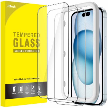 JETech Screen Protector for iPhone 15 6.1-Inch, Tempered Glass Film with Easy Installation Tool, Case-Friendly, HD Clear, 3-Pack