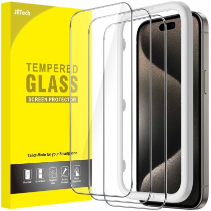 JETech Screen Protector for iPhone 15 Pro Max 6.7-Inch, Tempered Glass Film with Easy Installation Tool, Case-Friendly, HD Clear, 3-Pack