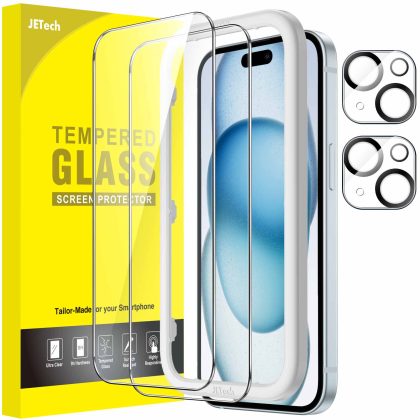 JETech Screen Protector for iPhone 15 6.1-Inch with Camera Lens Protector, Easy Installation Tool, Tempered Glass Film, HD Clear, 2-Pack Each