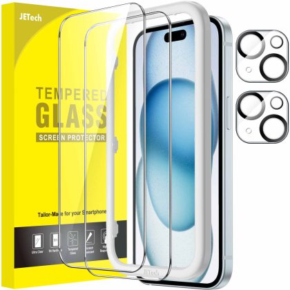 JETech Screen Protector for iPhone 15 Plus 6.7-Inch with Camera Lens Protector, Easy Installation Tool, Tempered Glass Film, HD Clear, 2-Pack Each