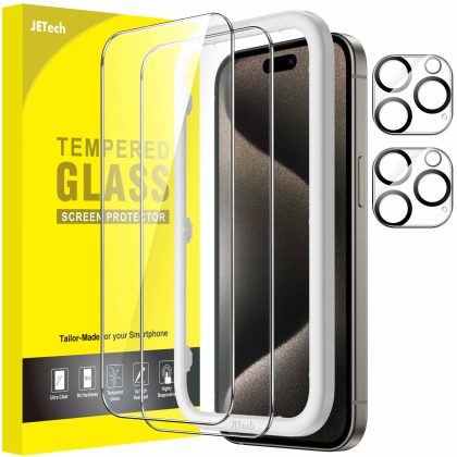 JETech Screen Protector for iPhone 15 Pro 6.1-Inch with Camera Lens Protector, Easy Installation Tool, Tempered Glass Film, HD Clear, 2-Pack Each