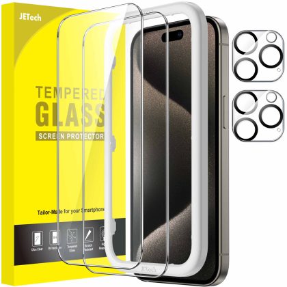 JETech Screen Protector for iPhone 15 Pro Max 6.7-Inch with Camera Lens Protector, Easy Installation Tool, Tempered Glass Film, HD Clear, 2-Pack Each