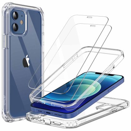 JETech Case for iPhone 12/12 Pro 6.1-Inch with 2-Pack Tempered Glass Screen Protector, 360 Full Body Shockproof Bumper Phone Cover Protective Clear Back