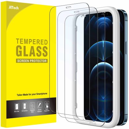 JETech Full Coverage Screen Protector for iPhone 12 Pro Max 6.7-Inch, Tempered Glass Film with Easy Installation Tool, Case-Friendly, HD Clear, 3-Pack