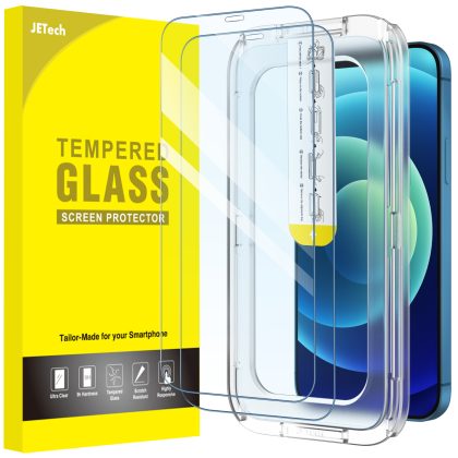 JETech One Touch Install Screen Protector for iPhone 12/12 Pro 6.1-Inch, Full Coverage Tempered Glass Film, Auto Alignment Tool Kit, HD Clear, 2-Pack