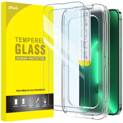 JETech One Touch Install Screen Protector for iPhone 13 Pro Max 6.7-Inch, Full Coverage Tempered Glass Film, Auto Alignment Tool Kit, HD Clear, 2-Pack