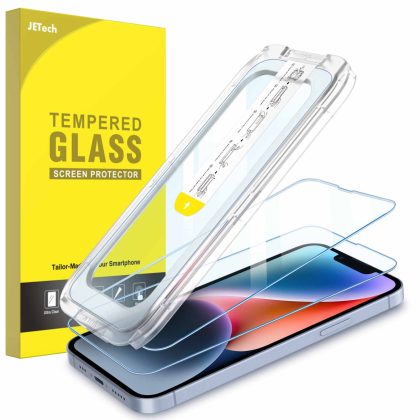 JETech One Touch Install Screen Protector for iPhone 16e 2025, iPhone 14 6.1-Inch, Full Coverage Tempered Glass Film, Auto Alignment Tool Kit, HD Clear, 2-Pack