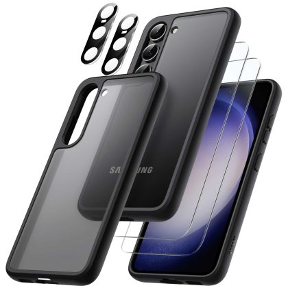 JETech 5 in 1 Matte Case for Samsung Galaxy S23 5G 6.1-Inch with 2-Pack Screen Protector and Camera Lens Protector, Translucent Back Protective Phone Cover, Tempered Glass Film