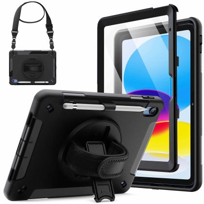 JETech Case for iPad (A16) 11th/10th Generation (2025/2022) with Built-in Screen Protector, Protective Shockproof Rugged Tablet Cover, 360 Degree Rotating Hand Strap Stand