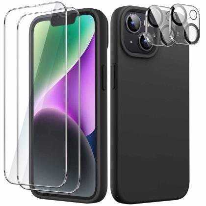 JETech 5 in 1 Silicone Case for iPhone 14 6.1-Inch, with 2-Pack Screen Protector and 2-Pack Camera Lens Protector, Full Coverage Tempered Glass Film, Shockproof Phone Cover