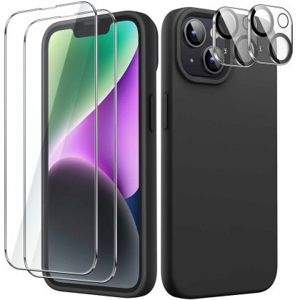 JETech 5 in 1 Silicone Case for iPhone 14 Plus 6.7-Inch, with 2-Pack Screen Protector and 2-Pack Camera Lens Protector, Full Coverage Tempered Glass Film, Shockproof Phone Cover