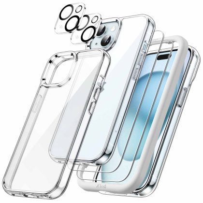 JETech 5 in 1 Case for iPhone 15 6.1-Inch with 2-Pack Each Tempered Glass Screen Protector and Camera Lens Protector, Non-Yellowing Shockproof Bumper Phone Cover