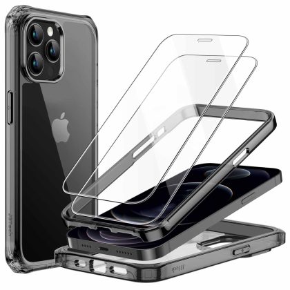 JETech Case for iPhone 12 Pro Max 6.7-Inch with 2-Pack Tempered Glass Screen Protector, 360 Full Body Shockproof Bumper Phone Cover Protective Clear Back