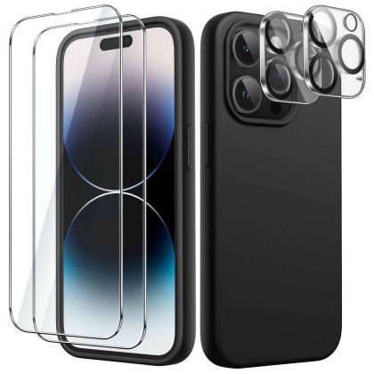 JETech 5 in 1 Silicone Case for iPhone 14 Pro 6.1-Inch, with 2-Pack Screen Protector and 2-Pack Camera Lens Protector, Full Coverage Tempered Glass Film, Shockproof Phone Cover