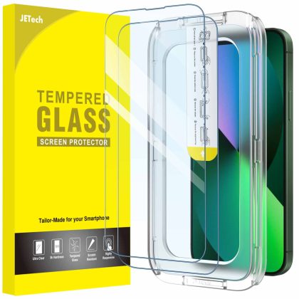 JETech One Touch Install Screen Protector for iPhone 16e 2025, iPhone 13/13 Pro 6.1-Inch, Full Coverage Tempered Glass Film, Auto Alignment Tool Kit, HD Clear, 2-Pack
