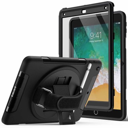 JETech Case for iPad 9.7-Inch (6th/5th Generation, 2018/2017 Model) with Built-in Screen Protector, Protective Shockproof Rugged Tablet Cover, 360?? Rotating Hand Strap Stand