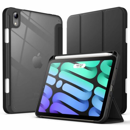 JETech Case for iPad mini (A17 Pro, 2024 Model, 7th Generation) / mini 6 (2021 Model, 6th Generation) with Pencil Holder, Clear Back Shell Stand Shockproof Tablet Cover, Auto Wake/Sleep