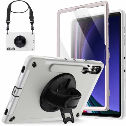 JETech Case for Samsung Galaxy Tab S10 Plus/Tab S9 Plus 12.4-Inch with Built-in Screen Protector and S Pen Holder, Heavy Duty Rugged Protective Tablet Cover, 360° Rotating Hand Strap Stand (Beige)