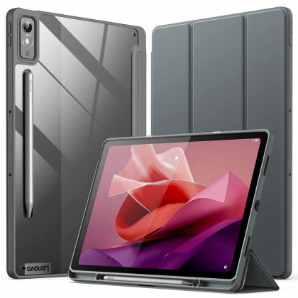 JETech Case for Lenovo Tab P12 12.7-Inch (2023 Model, TB370FU / TB371FU) with Stylus Holder, Clear Hard PC Back, Protective Tri-Fold Stand Slim Tablet Cover, Auto Wake/Sleep