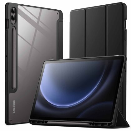 JETech Case for Samsung Galaxy Tab S9 FE  / S9 FE Plus 12.4-Inch with S Pen Holder, Clear Transparent Hard PC Back, Protective Tri-Fold Stand Tablet Cover, Auto Wake/Sleep