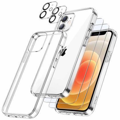JETech 5 in 1 Case for iPhone 12 6.1-Inch, with 2-Pack Screen Protector and 2-Pack Camera Lens Protector, Non-Yellowing Shockproof Bumper Phone Cover, Full Coverage Tempered Glass Film