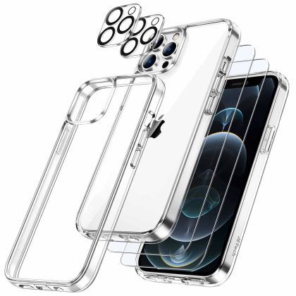 JETech 5 in 1 Case for iPhone 12 Pro Max 6.7-Inch, with 2-Pack Screen Protector and Camera Lens Protector, Non-Yellowing Shockproof Bumper Phone Cover, Full Coverage Tempered Glass Film