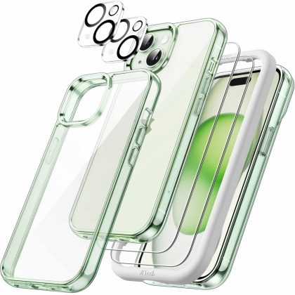 JETech 5 in 1 Case for iPhone 15 Plus 6.7-Inch with 2-Pack Each Tempered Glass Screen Protector and Camera Lens Protector, Non-Yellowing Shockproof Bumper Phone Cover (Green)