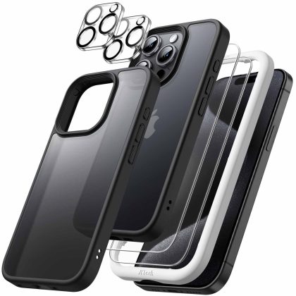 JETech 5 in 1 Matte Case for iPhone 15 Pro 6.1-Inch with 2-Pack Each Tempered Glass Screen Protector and Camera Lens Protector, Translucent Back Shockproof Phone Cover