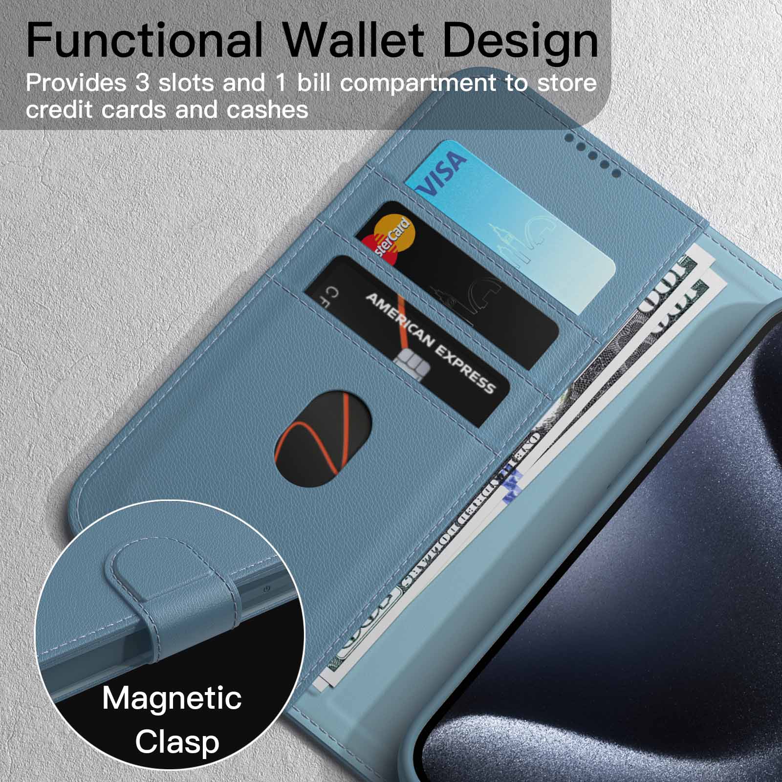 JETech Wallet Case for iPhone 15 Pro Max 6.7-Inch, Shockproof PU Leather Magnetic Flip Cover with Card Holder, Stand Feature and Full Camera Protection (Blue Titanium) - Image 3