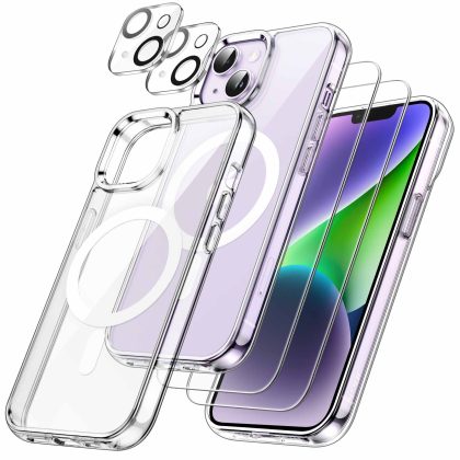 JETech 5 in 1 Magnetic Case for iPhone 14 6.1-Inch with 2-Pack Tempered Glass Screen Protector and Camera Lens Protector, Compatible with MagSafe, Shockproof Bumper Phone Cover
