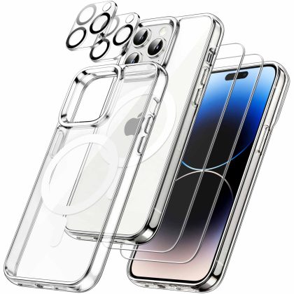 JETech 5 in 1 Magnetic Case for iPhone 14 Pro Max 6.7-Inch with 2-Pack Tempered Glass Screen Protector and Camera Lens Protector, Compatible with MagSafe, Shockproof Phone Cover