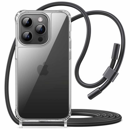 JETech Crossbody Case for iPhone 14 Pro 6.1-Inch with Adjustable Lanyard Strap, Clear Transparent Anti-Yellowing Shockproof Protective Phone Cover with Neck Cord (Space Black)