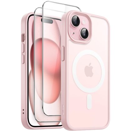 JETech 3 in 1 Magnetic Case for iPhone 15 Plus 6.7-Inch with 2-Pack Tempered Glass Screen Protector, Compatible with MagSafe, Translucent Matte Back Shockproof Phone Cover (Pink)