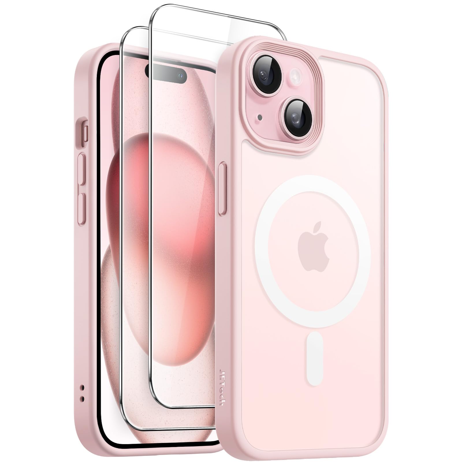 JETech 3 in 1 Magnetic Case for iPhone 15 Plus 6.7-Inch with 2-Pack Tempered Glass Screen Protector, Compatible with MagSafe, Translucent Matte Back Shockproof Phone Cover (Pink)