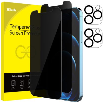 JETech Privacy Screen Protector and Camera Lens Protector Compatible with iPhone 12 Pro Max 6.7-Inch, Anti Spy Tempered Glass Film, 2-Pack Each