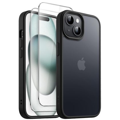 JETech 3 in 1 Matte Case for iPhone 15 6.1-Inch with 2-Pack Tempered Glass Screen Protector, Translucent Frosted Shockproof Phone Cover