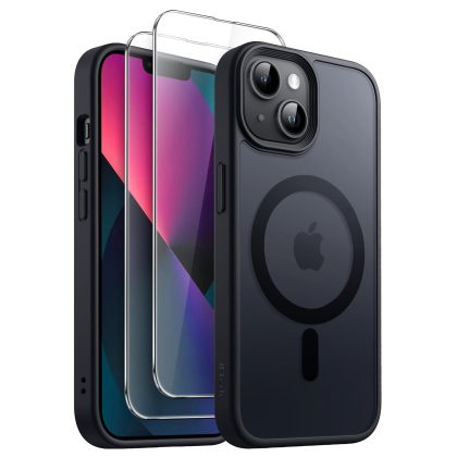 JETech 3 in 1 Magnetic Case for iPhone 13 mini 5.4-Inch with 2 Pack Tempered Glass Screen Protectors, Compatible with MagSafe, Translucent Matte Back Shockproof Phone Cover