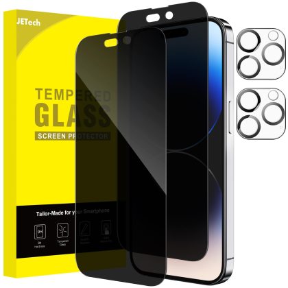 JETech Privacy Full Coverage Screen Protector for iPhone 14 Pro Max 6.7-Inch with Camera Lens Protector, Anti-Spy Tempered Glass Film, 2-Pack Each