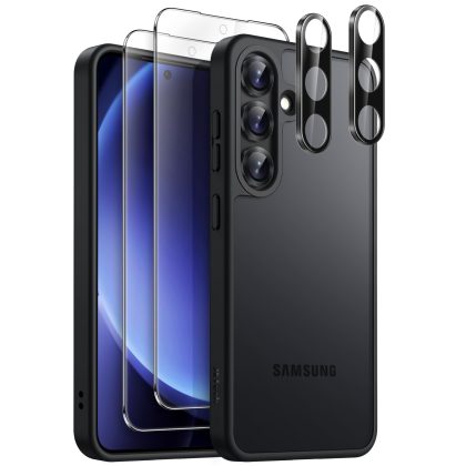 JETech 5 in 1 Matte Case for Samsung Galaxy S25 5G with 2-Pack Each Screen Protector and Camera Lens Protector, Translucent Back Phone Cover, Tempered Glass Film