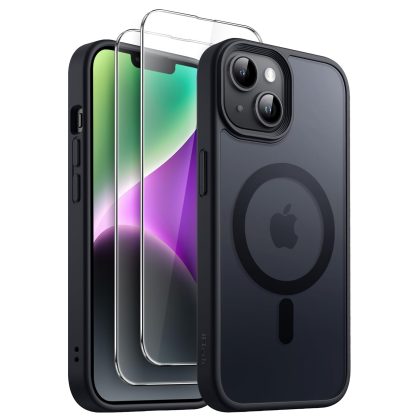 JETech 3 in 1 Magnetic Case for iPhone 14 6.1-Inch with 2-Pack Tempered Glass Screen Protector, Compatible with MagSafe, Translucent Matte Back Shockproof Phone Cover