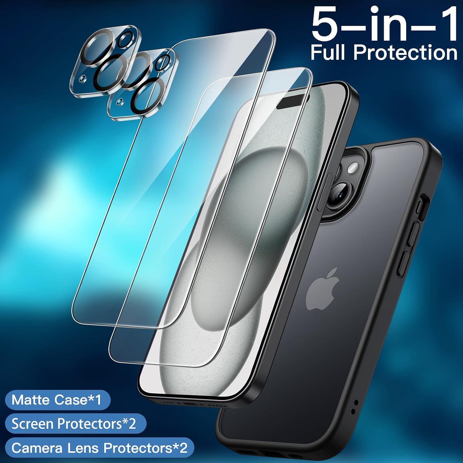 JETech 5 in 1 Matte Case for iPhone 15 6.1-Inch with 2-Pack Each Tempered Glass Screen Protector and Camera Lens Protector, Translucent Back Shockproof Phone Cover - Image 3