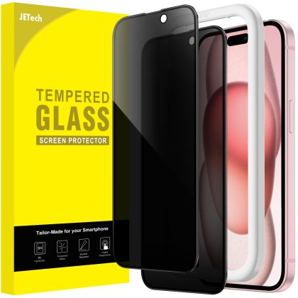JETech Privacy Full Coverage Screen Protector for iPhone 15 6.1-Inch, Black Edge Anti-Spy Tempered Glass Film with Easy Installation Tool, Case-Friendly, 2-Pack