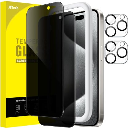 JETech Privacy Screen Protector for iPhone 15 Pro 6.1-Inch with Camera Lens Protector, Anti-Spy Tempered Glass Film, Easy Installation Tool, 2-Pack Each