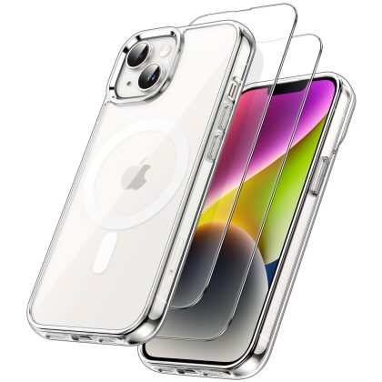 JETech 3 in 1 Magnetic Case for iPhone 14 6.1-Inch with 2 Pack Tempered Glass Screen Protectors, Compatible with MagSafe, Shockproof Bumper Phone Cover
