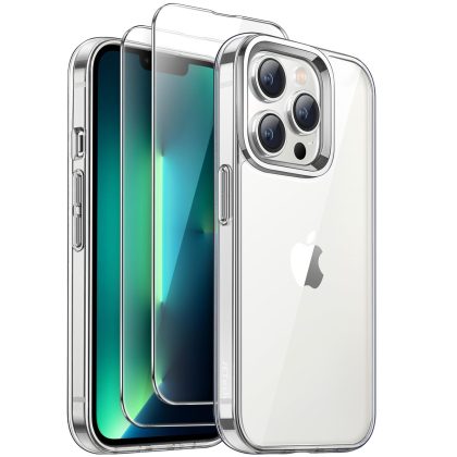 JETech [2 in 1] Case for iPhone 13 Pro Max 6.7-Inch, with 2-Pack Screen Protector, Full Coverage Tempered Glass Film, Shockproof Clear Back Bumper Phone Cover, Anti-Scratch