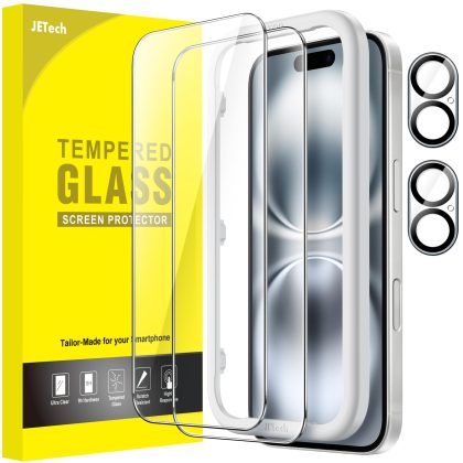 JETech Screen Protector for iPhone 16 6.1-Inch with Camera Lens Protector, Easy Installation Tool, Tempered Glass Film, HD Clear, 2-Pack Each