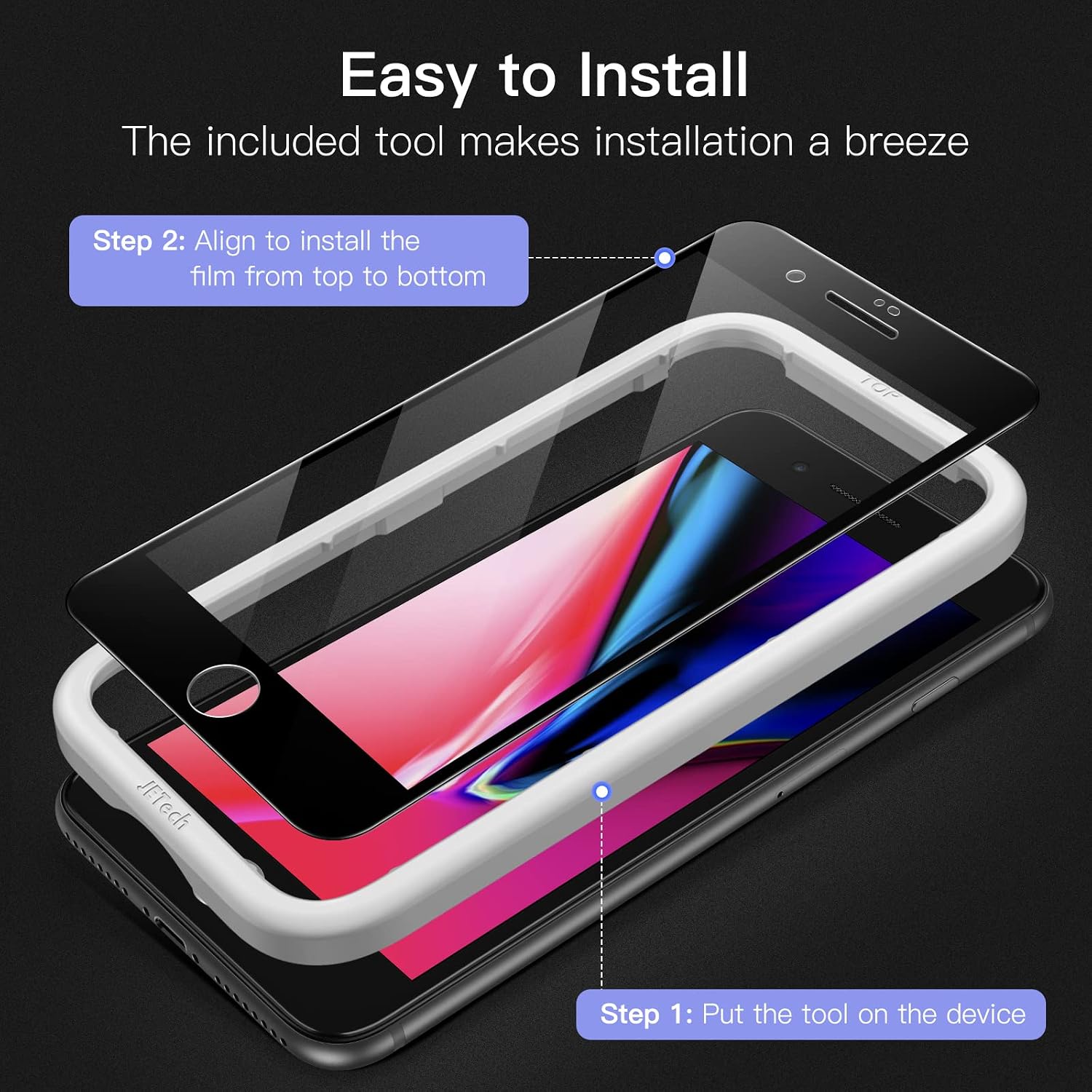 JETech Full-Coverage Screen Protector for iPhone 8 Plus/7 Plus, 3-Pack | Black Edge Tempered Glass, Easy Installation Tool, HD Clear, Case-Friendly - Image 4