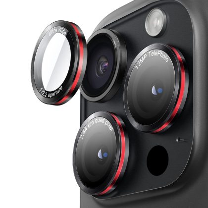 JETech Camera Lens Protector for iPhone 15 Pro 6.1-Inch and iPhone 15 Pro Max 6.7-Inch, 9H Tempered Glass Metal Individual Ring Cover, Two-Tone, HD Clear, 1 Set (Black Red)